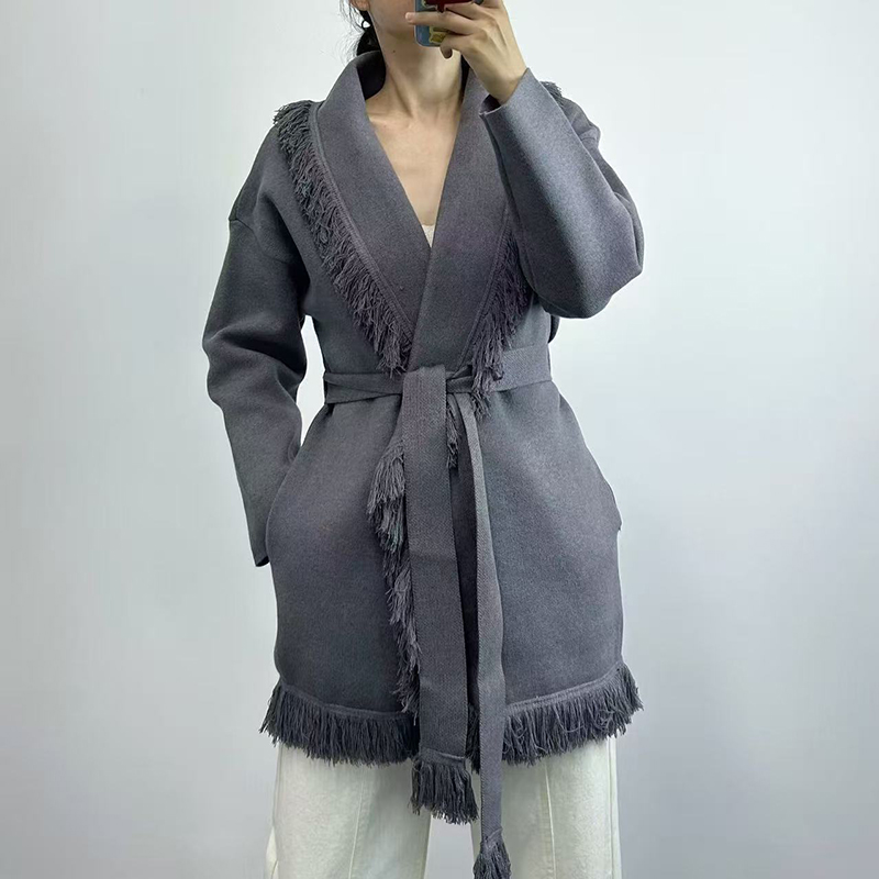 Wool Coat Peacoat - Kardigan rajut wol panjang berumbai wanita,